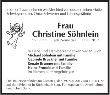 Traueranzeige von Christine Söhnlein von Pegnitz-Zeitung